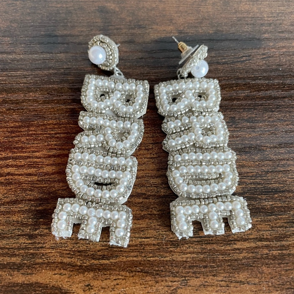 Beaded Bride Earrings, Silver and White for Bachelorette Party or Bridal Shower